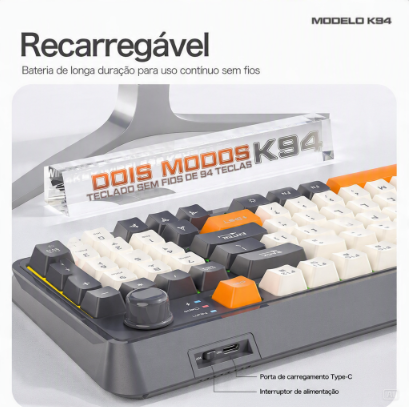 Teclado Gamer Sem Fio K94 – 94 Teclas, Bluetooth/2.4G e Bateria Inclusa