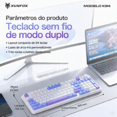 Teclado Gamer Sem Fio K94 – 94 Teclas, Bluetooth/2.4G e Bateria Inclusa
