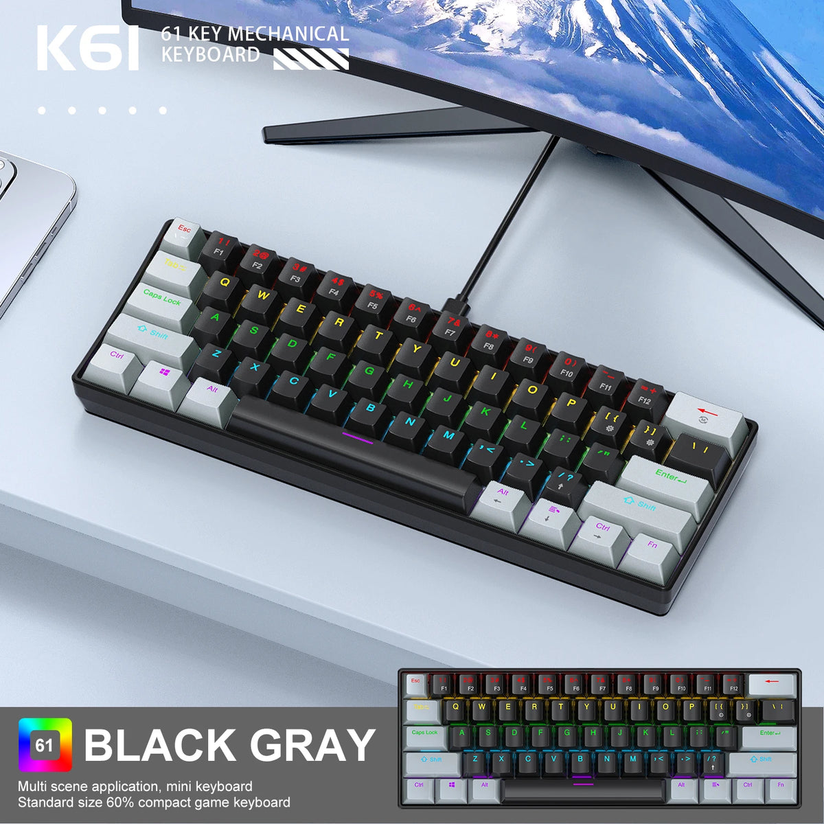 Teclado Mecânico APAYADO K61 – 60%, RGB e Switches Vermelho ou Azul
