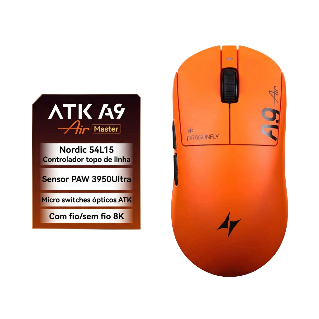 Mouse Gamer Sem Fio YANFU ATK Dragonfly A9 – Sensor PAW3950, 30000 DPI e Tri-Modo