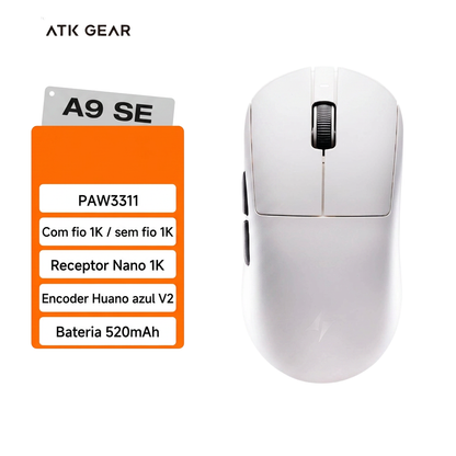 Mouse Gamer Sem Fio YANFU ATK Dragonfly A9 – Sensor PAW3950, 30000 DPI e Tri-Modo