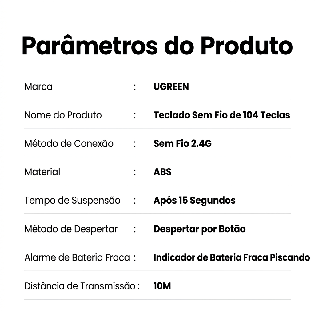 Teclado Sem Fio UGREEN 2.4G – Ultrafino, 104 Teclas, Membrana