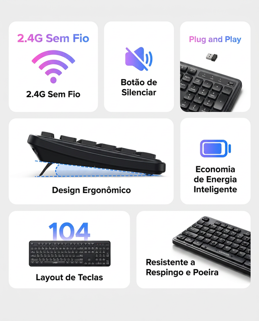 Teclado Sem Fio UGREEN 2.4G – Ultrafino, 104 Teclas, Membrana