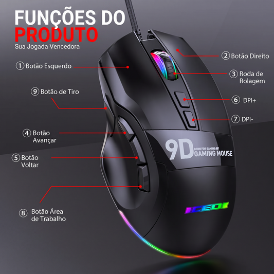 Mouse Gamer YQT M300 – 9 Botões, Macros Programáveis e DPI até 7200