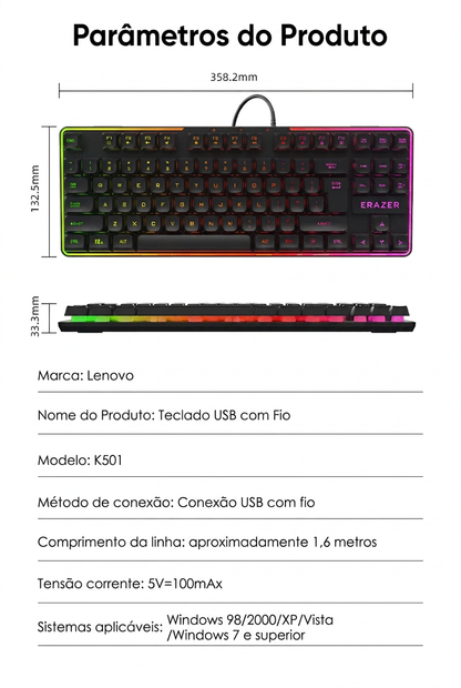 Teclado Gamer Lenovo ERAZER – 87 Teclas, RGB e Sensação Mecânica