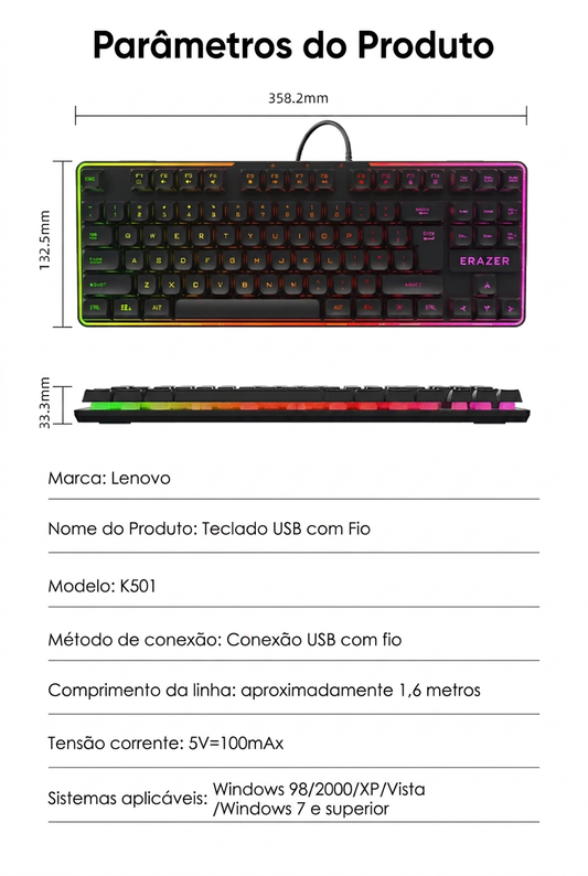 Teclado Gamer Lenovo ERAZER – 87 Teclas, RGB e Sensação Mecânica