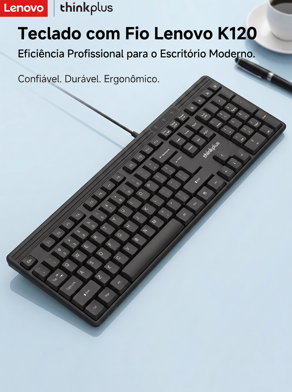 Teclado com Fio Lenovo Thinkplus – 104 Teclas, USB Plug & Play
