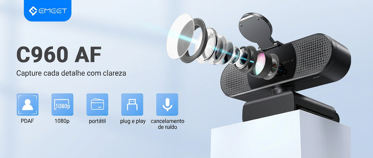Mini Webcam EMEET – 1080p 60fps, Microfones Duplos e Foco Automático PDAF